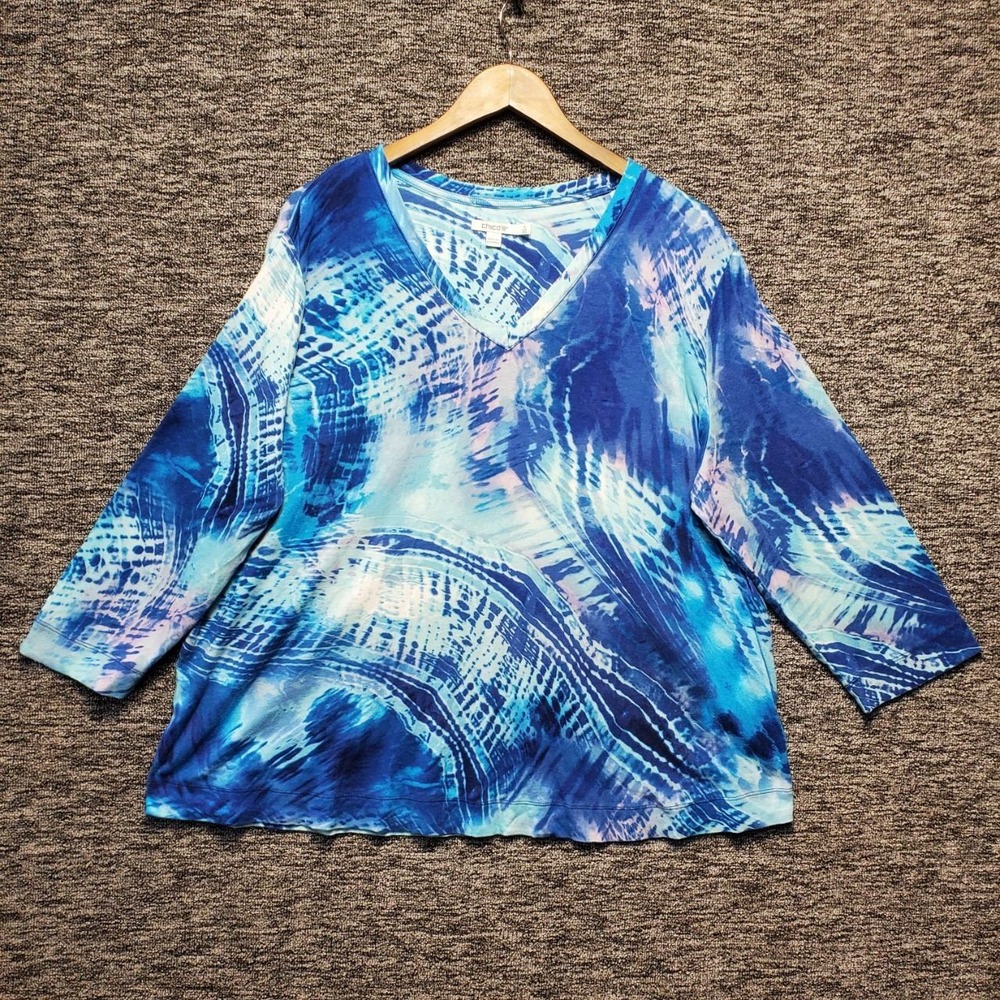Chicos Tie Dye Pima Cotton Everyday Tee Womens XXL Blue V Neck Coastal Boho Vibe